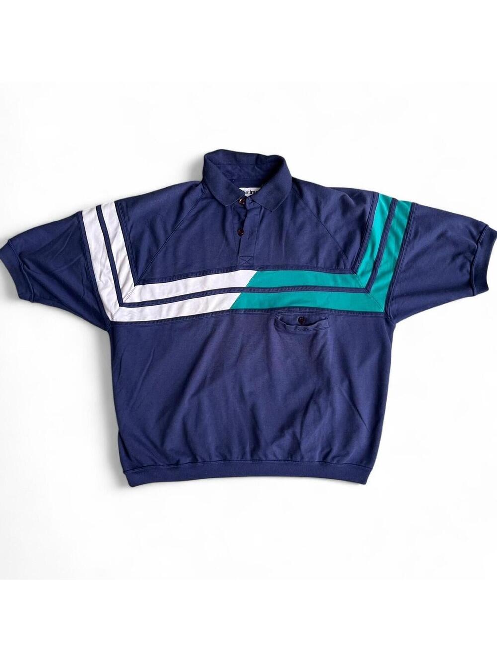Vintage Navy Blue and Teal Colorblock Polo Shirt with Pocket